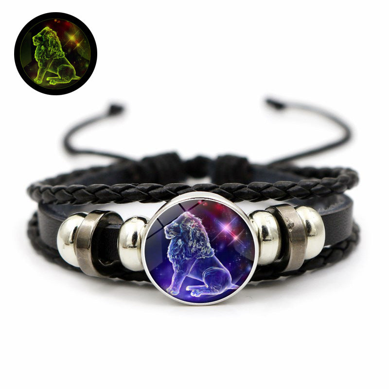 Doce de la constelación al por mayor brillo de piedra en la oscura pulsera de cuero con cuentas tejidas a mano